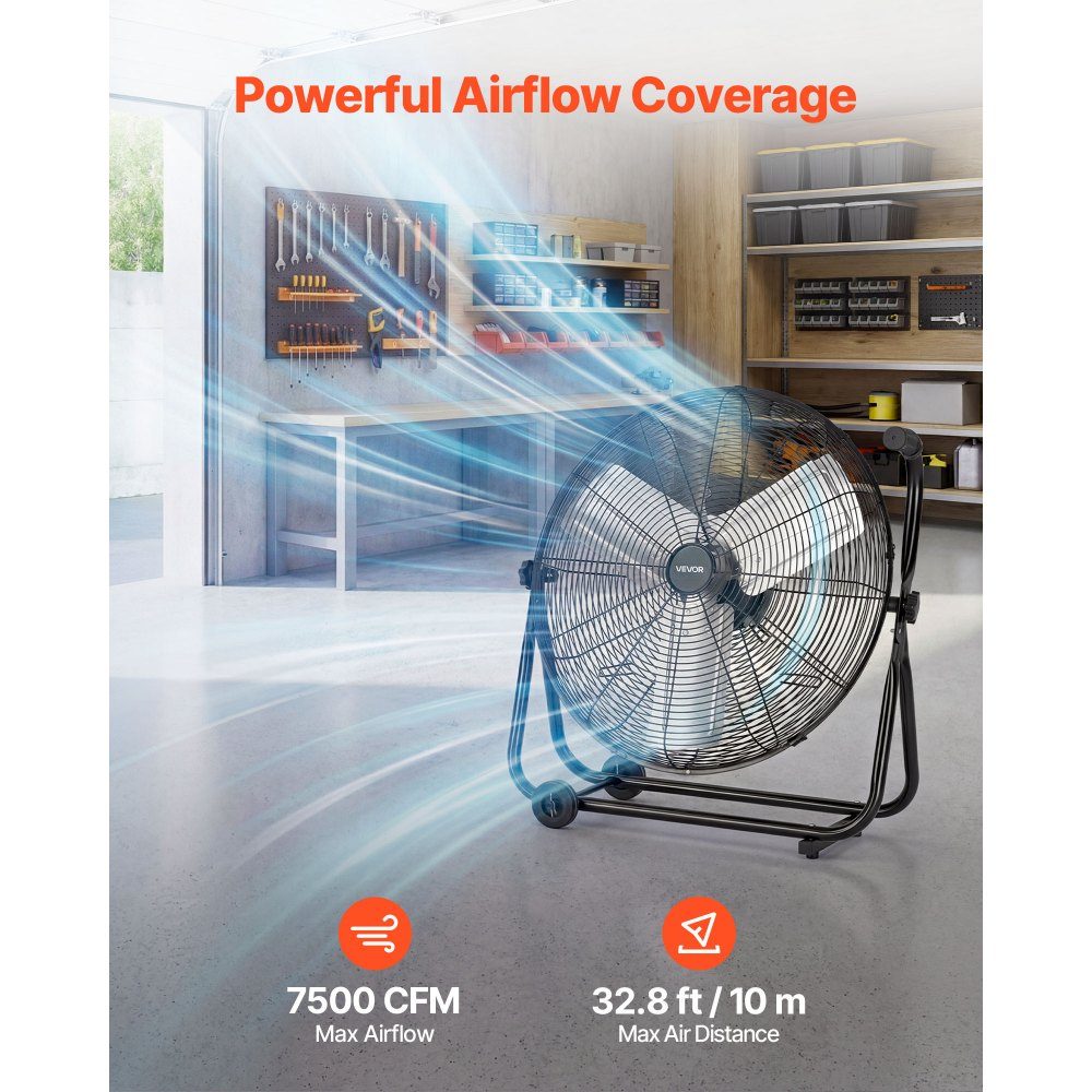 Vloerventilator Ø609,6mm, windmachine 360° kantelbaar, staande ventilator met 3 snelheden, draagbare trommelventilator met handvatrollen & 1,6m kabel, industriële ventilator voor garageopslag