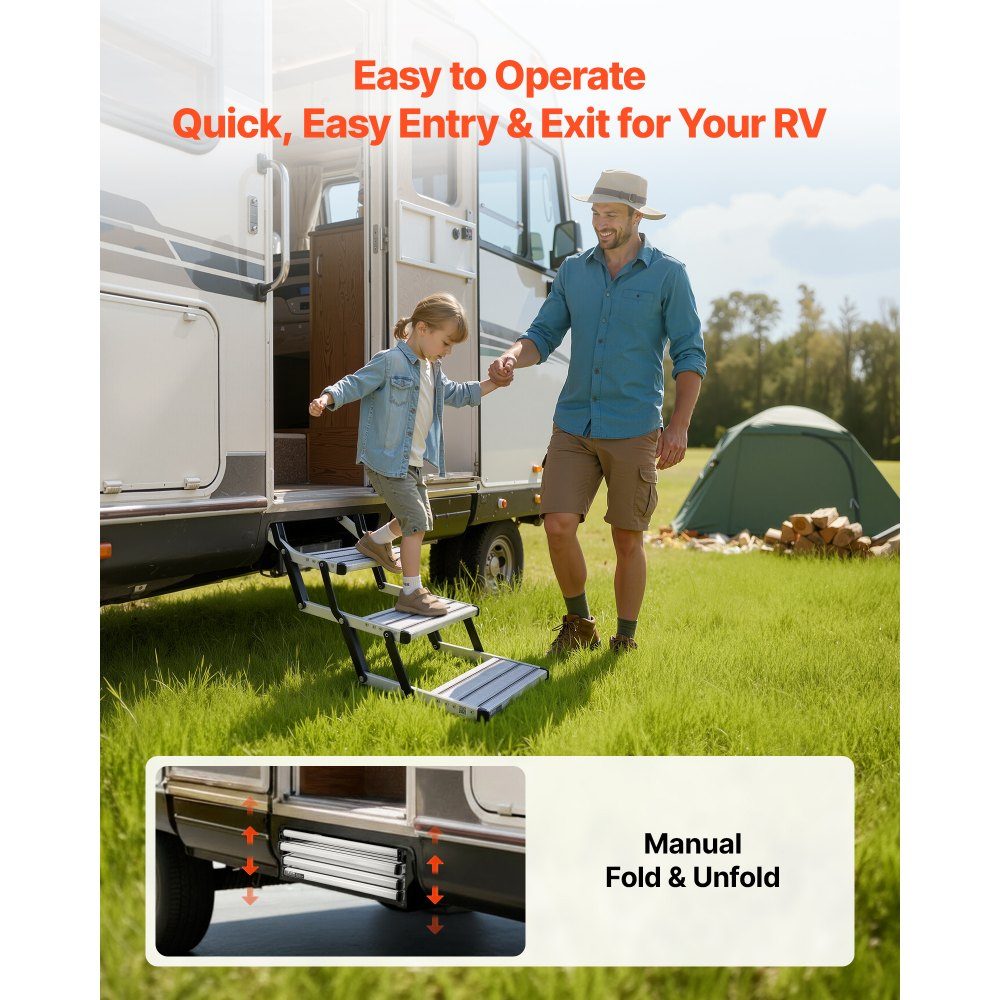 Retractable RV Stairs (3 Steps), RV Steps with 400lb Load Capacity, Aluminum Alloy Telescopic Folding Entry Stairs, Non-Slip Steel Frame for Caravan
