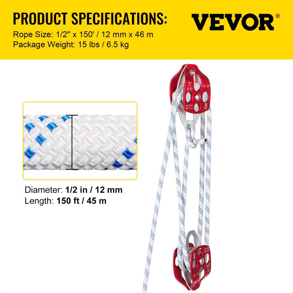 Block und Tackle mit zwei Rollen, 3492,66 kg, Umlenkrolle, 457,2 cm, 1,27 cm doppelt geflochtenes Seil