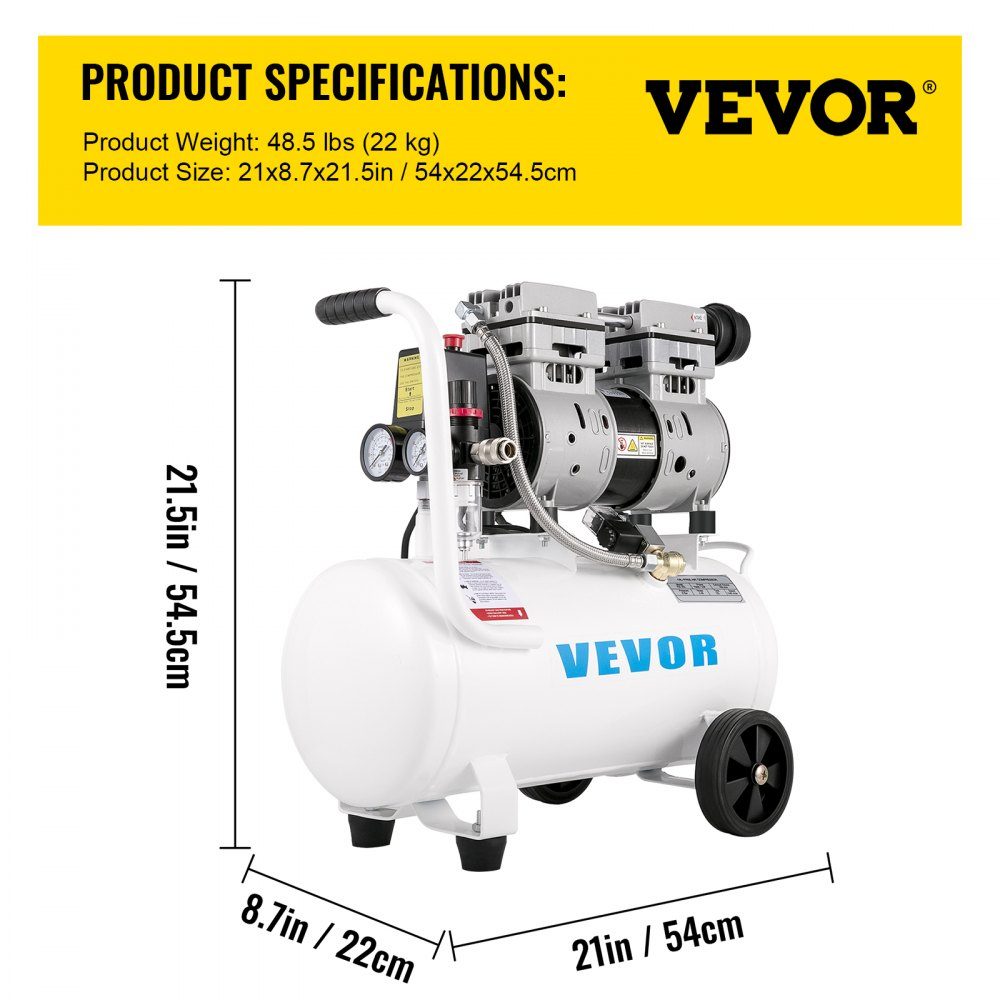 Whisper compressor 25 L, quiet oil-free compressor 750 W, oil-free air compressor 60 dB, compressed air compressor, quiet compressed air boiler 165 L/min exhaust air volume, with built-in exhaust fan