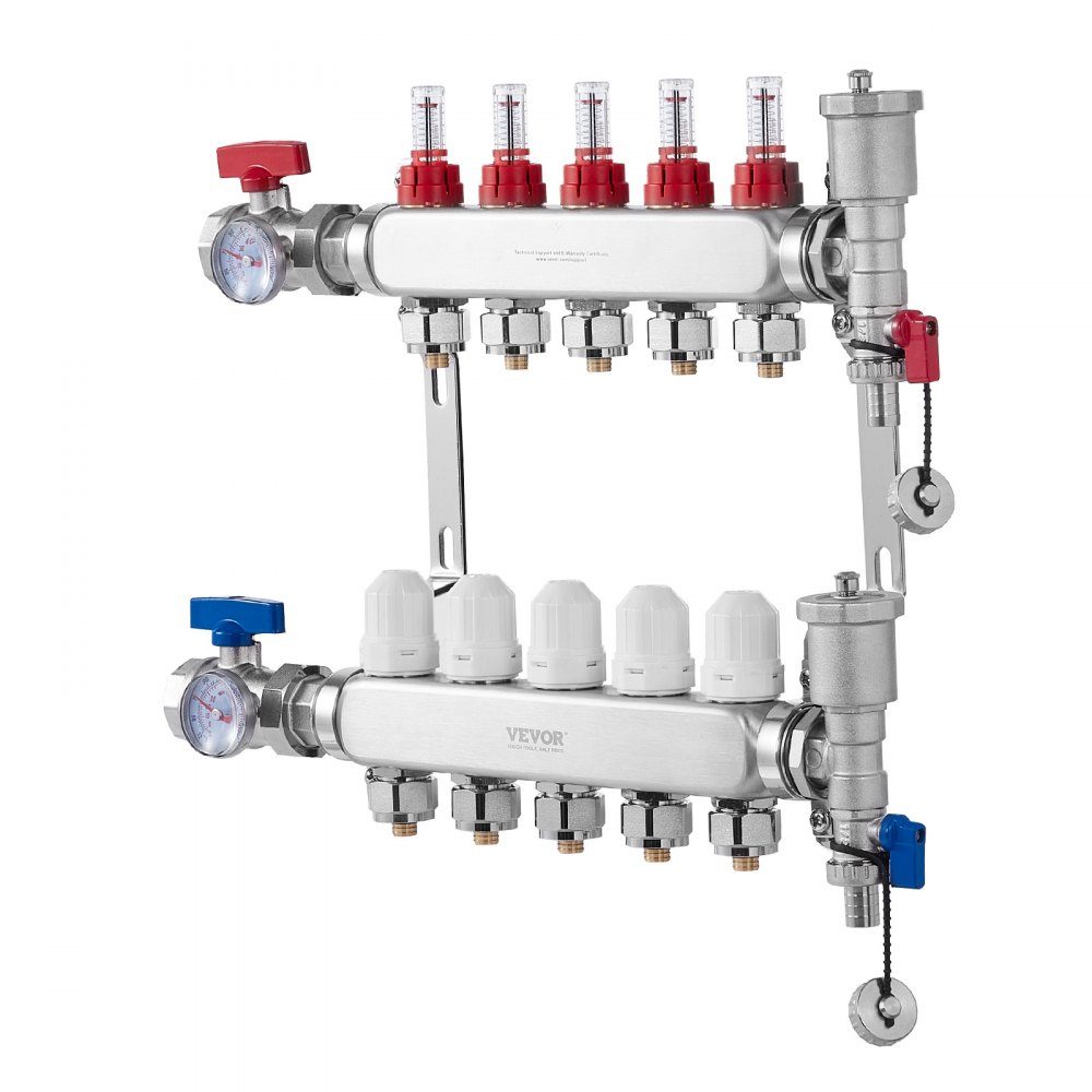 5 Branch Heat Spreader, 1/2" PEX Pipe Manifold, Stainless Steel PEX Manifold for Hydronic Underfloor Heating, Heat Distribution PEX Manifold Kit with 1/2" Adapters Included