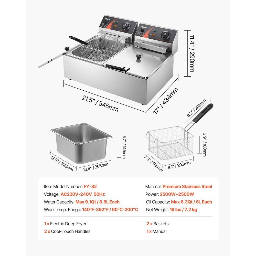 Elektrische Doppelfritteuse Edelstahl 12 L 5000 W, Gewerbefritteuse mit separat steuerbarem Frittierbecken für Restaurants, Cafés, Imbisse
