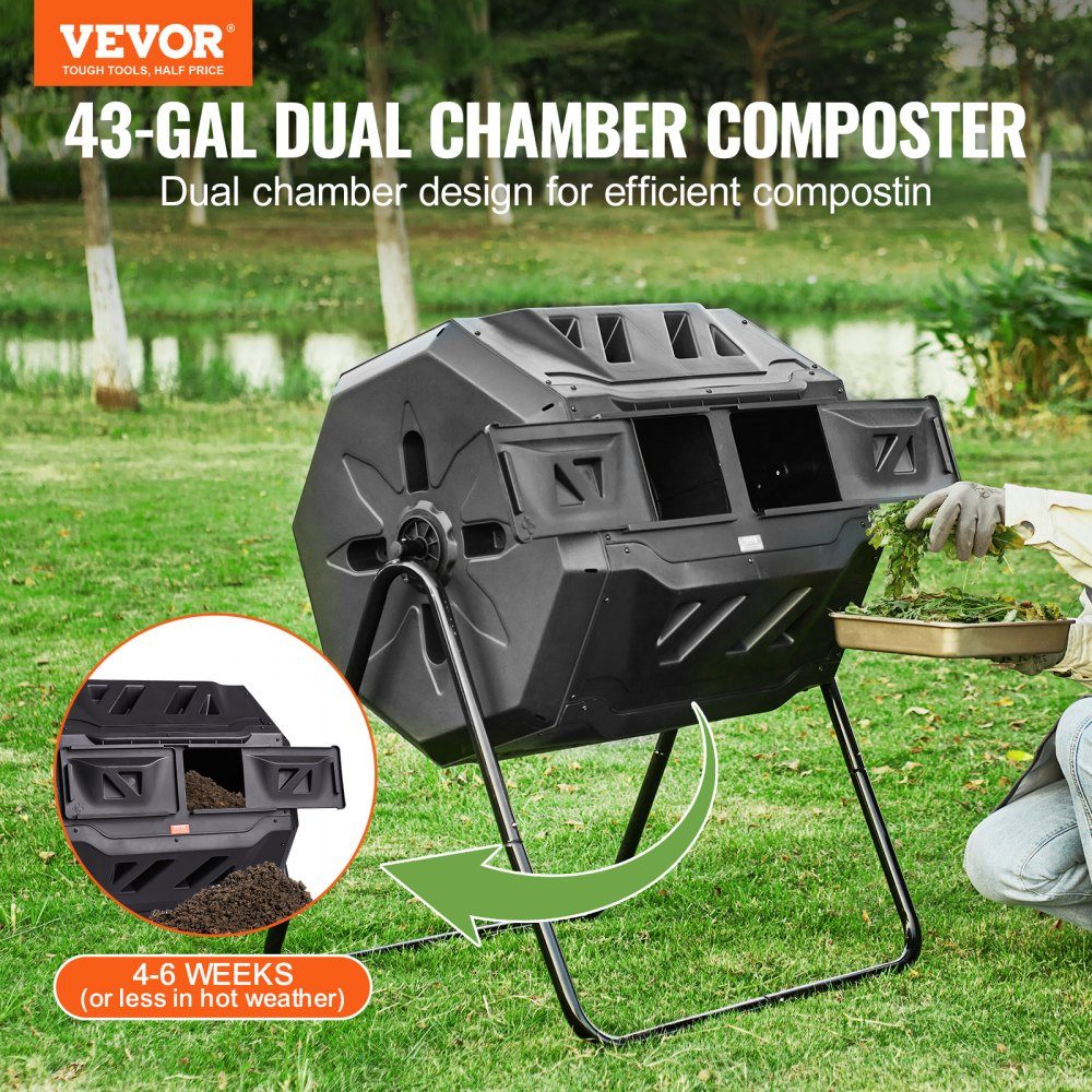 Trommelcomposter, composttrommel 162,7 L, trommelcomposter roterende dubbelkamer-trommelcomposter 735 x 625 x 955 mm, 50 kg zware tuincomposter incl. handschoenen