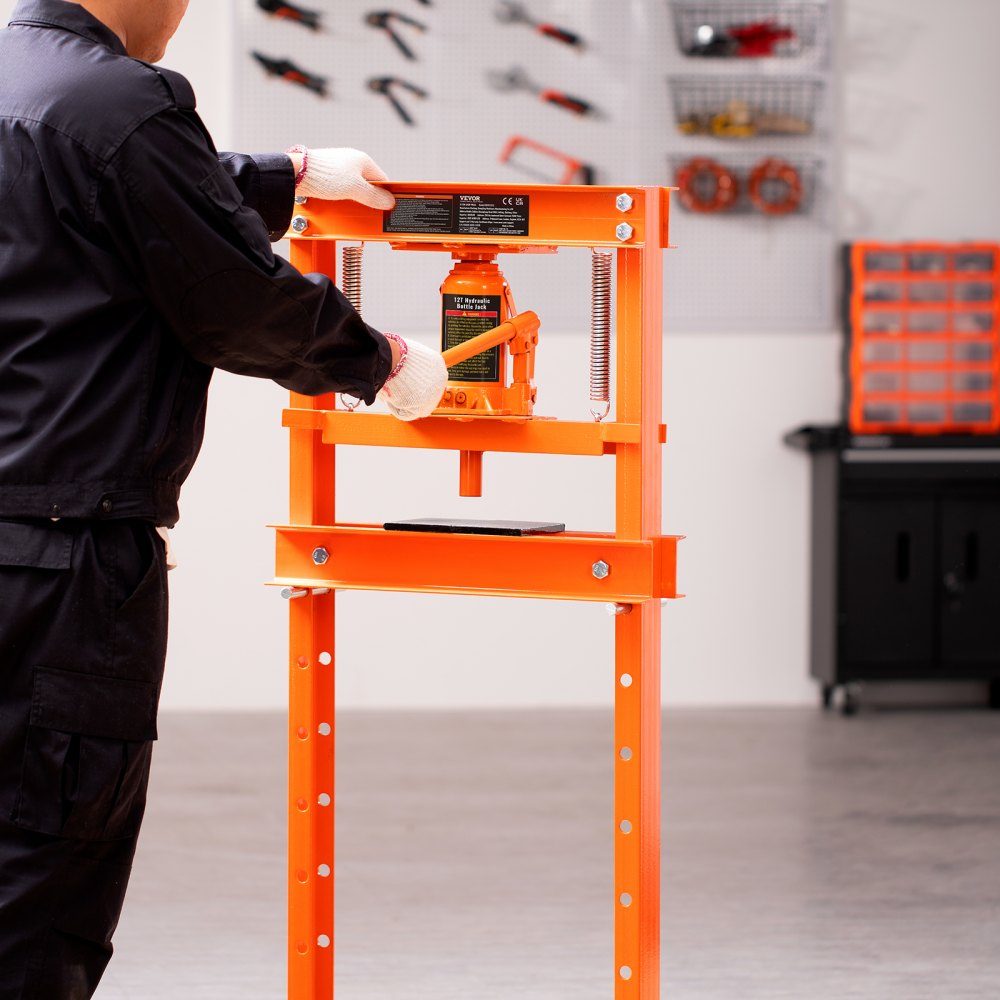 Workshop Press Hydraulic Press 12T Car Frame Press Orange 40-705mm Manual Bearing Press Carbon Steel Workshop Press for Car Bushings, Ball Joints, U-Joints etc