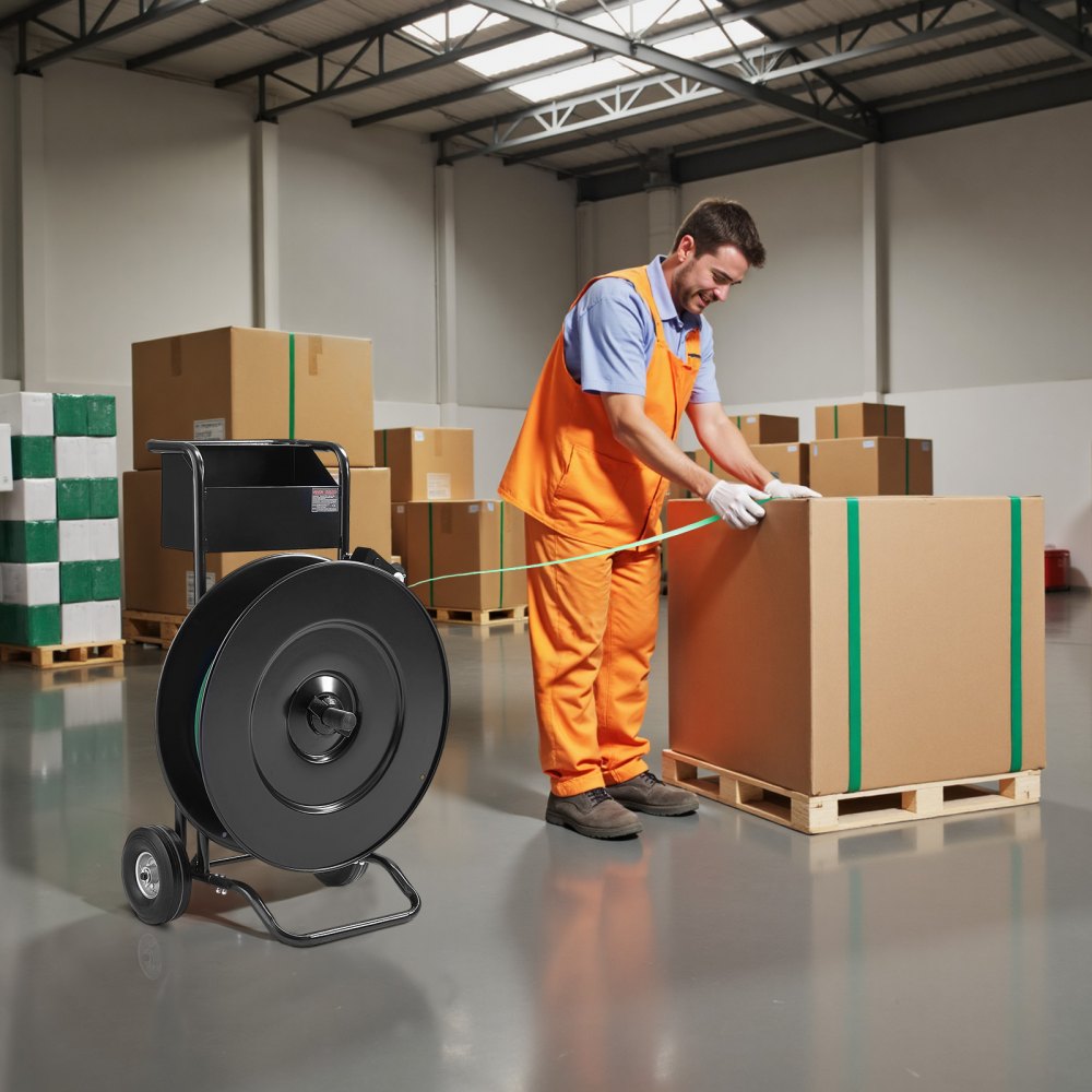 Dispenser, suitable for PET/PP/steel strapping rolls with 203/406 mm core size, robust strapping dispenser with improved drum brake, integrated spacious storage for tools Dispenser, suitable for PET/PP/steel strapping rolls with 203/406 mm core size, robust strapping dispenser with improved drum brake, integrated spacious storage for tools