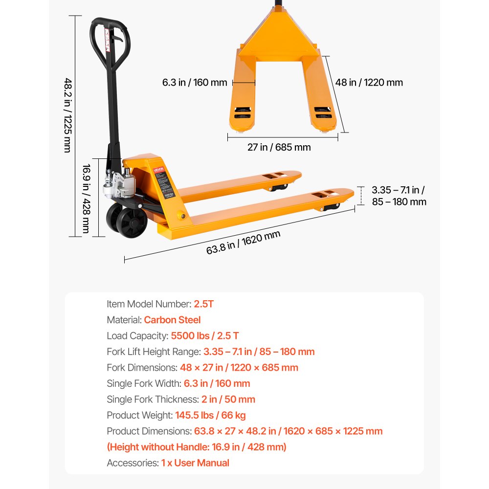 Transpalette, capacité de charge de 2,5 T, transpalette manuel avec fourches de 1220 x 685 mm, transpalette avec hauteur de levage des fourches de 8,5 à 18 cm, transpalette pour usines, entrepôts, supermarchés et chargement de camions