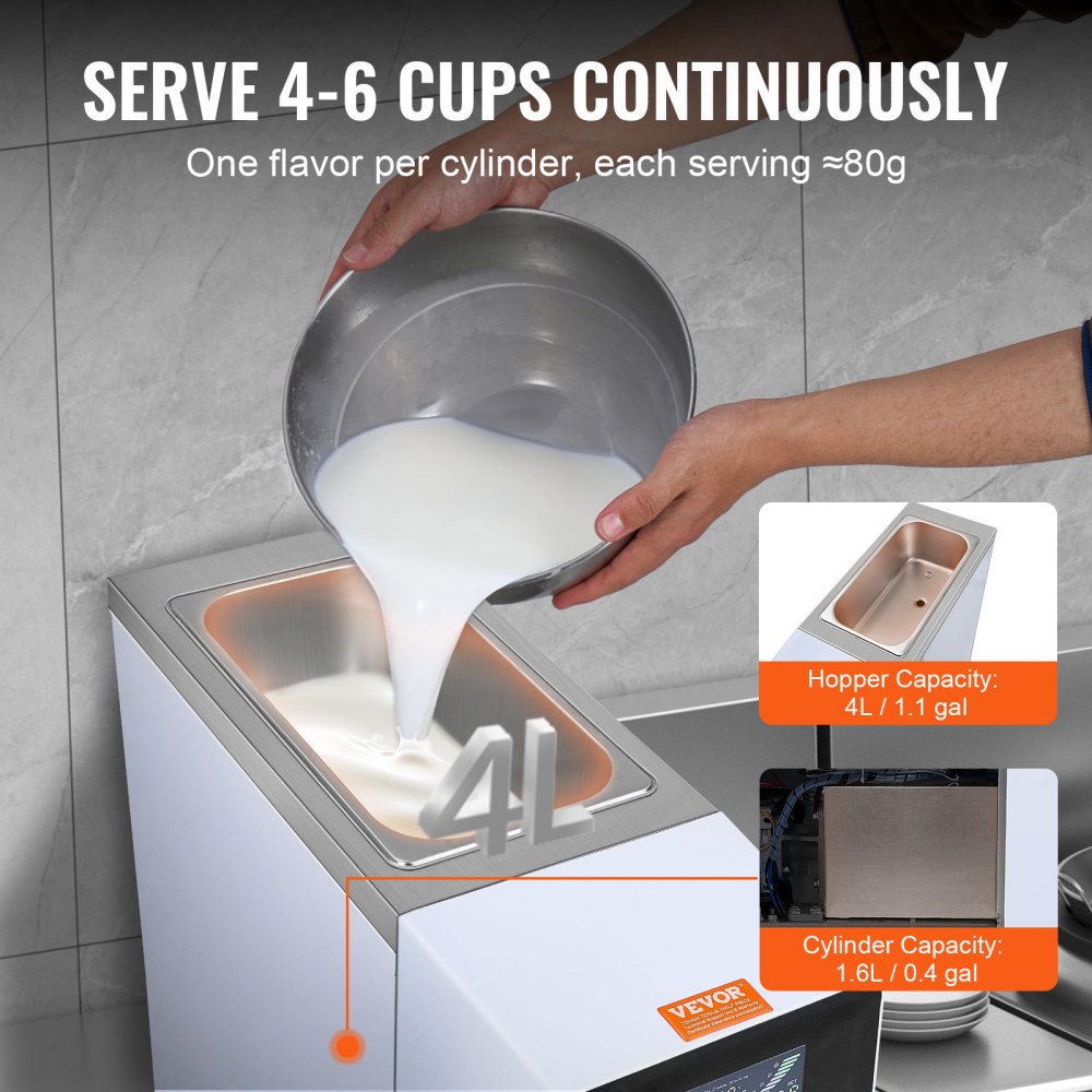 Commercial Ice Cream Machine, 10L/H Output, 900W, Single Flavor Soft Ice Cream Machine, Countertop, with 4L Hopper, 1.6L Cylinder, LCD Screen, Pre-Cooling Commercial Ice Cream Machine, 10L/H Output, 900W, Single Flavor Soft Ice Cream Machine, Countertop, with 4L Hopper, 1.6L Cylinder, LCD Screen, Pre-Cooling