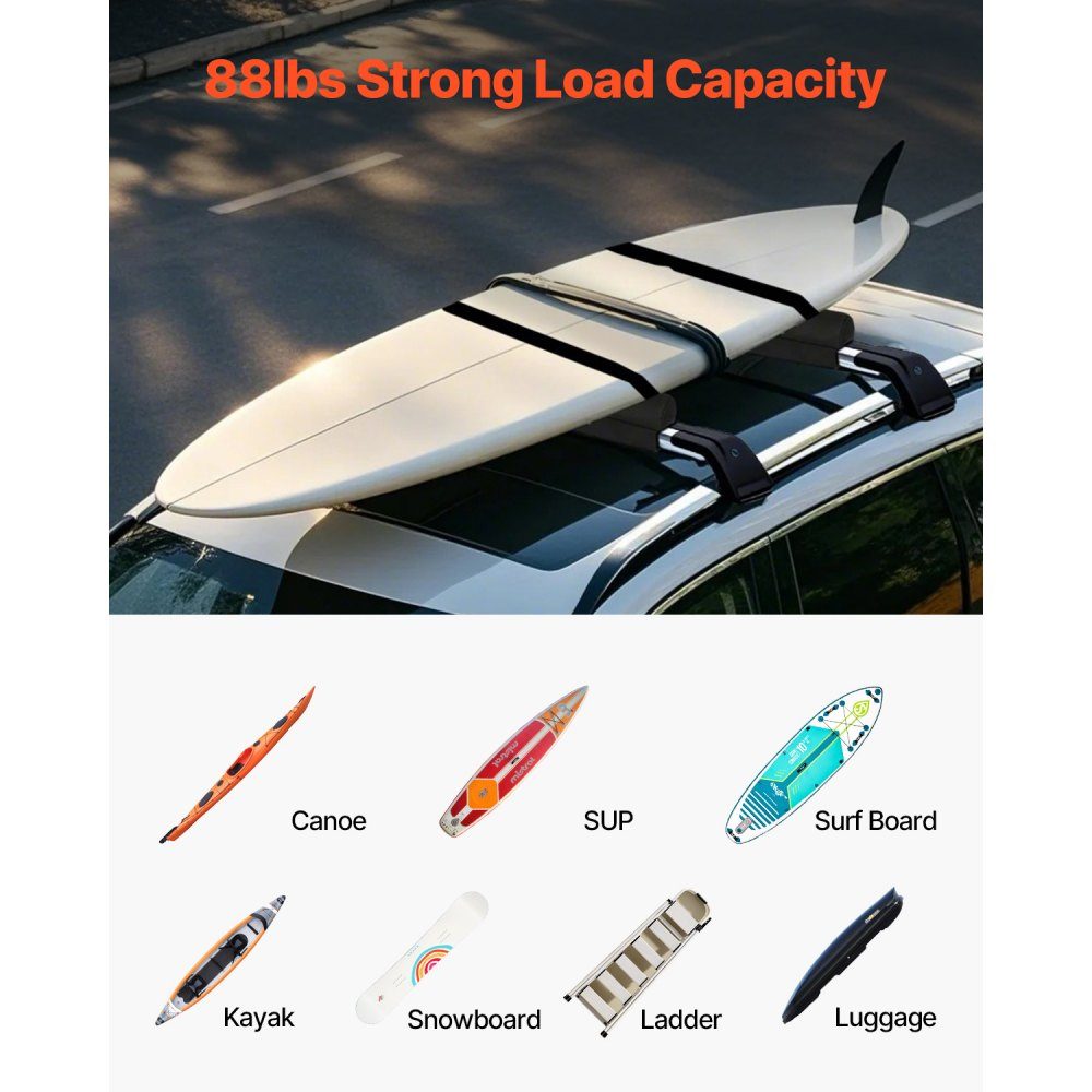 Soft roof rack pads (711 mm) car roof rack pads for various cross bars with 40 kg load capacity, kayak rack with 2 tension straps & Velcro fasteners for SUPs canoes