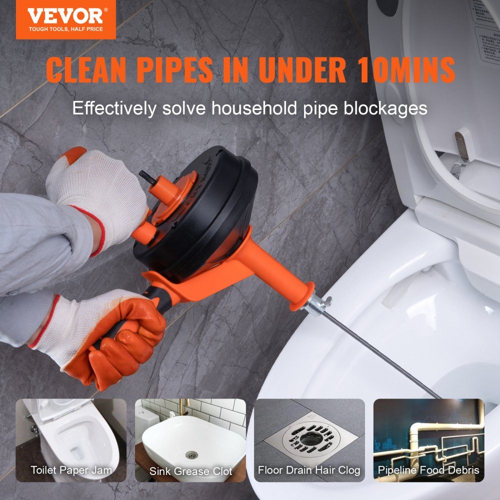 Pipe Cleaning Cable 1/4" x 300" Spring Steel Cable Drain Cleaner with Drum Manual & Electric Hand Feed Pipe Cleaning Shaft Pipe Cleaning Device Ideal for Toilet Sewer Floor Drains