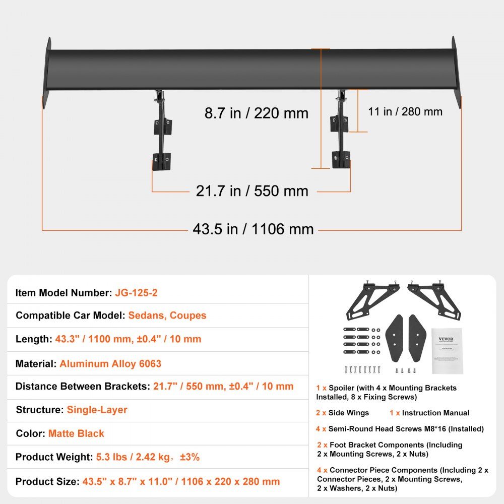 GT Wing autospoiler, 43,3 inch universele enkeldekspoiler, verstelbare lichtgewicht aluminium auto achterspoilervleugel, racespoiler BGW/JDM Drift Zwart