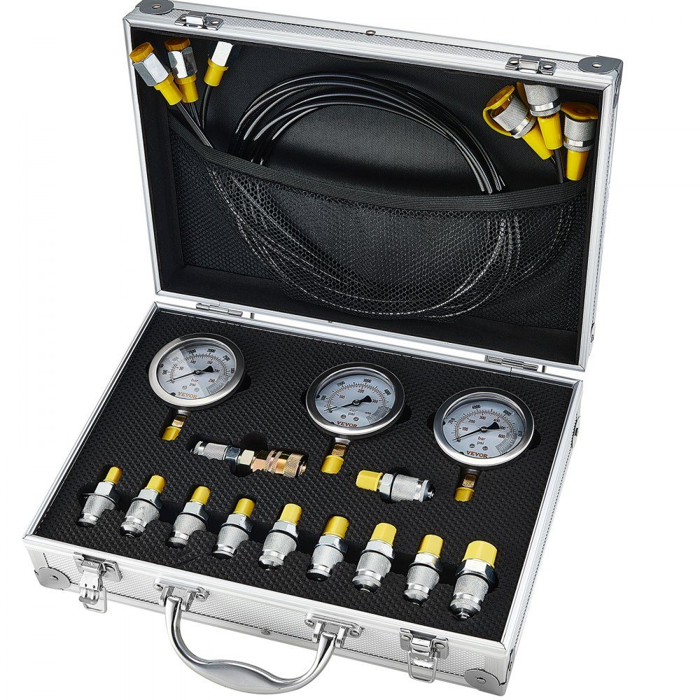 Kit de test de pression hydraulique, 250/400/600 bar, 3 jauges, 11 raccords de test, 3 tuyaux de test, ensemble de jauges de test hydraulique pour excavatrices avec sac de transport portable pour excavatrices, tracteurs, machines de construction