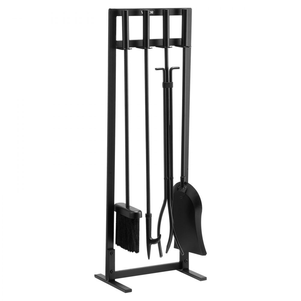 Kaminbesteck-Set, 5-teilig, inklusive Rahmenständer, Zange, Ascheschaufel, Besen, Schürhaken, Schmiedeeisen und Stahl, Kaminzubehör für den Innen- und Außenbereich, Schwarz
