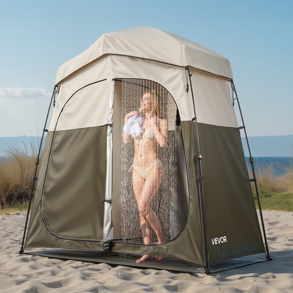 Tente de douche, tente de toilettes (2140x1120x213 cm) avec écran d'intimité et 2 pièces, tente à langer avec piquets, cordes et sac de transport, tente d'intimité en tissu Oxford 150D pour le camping, la plage, la pêche