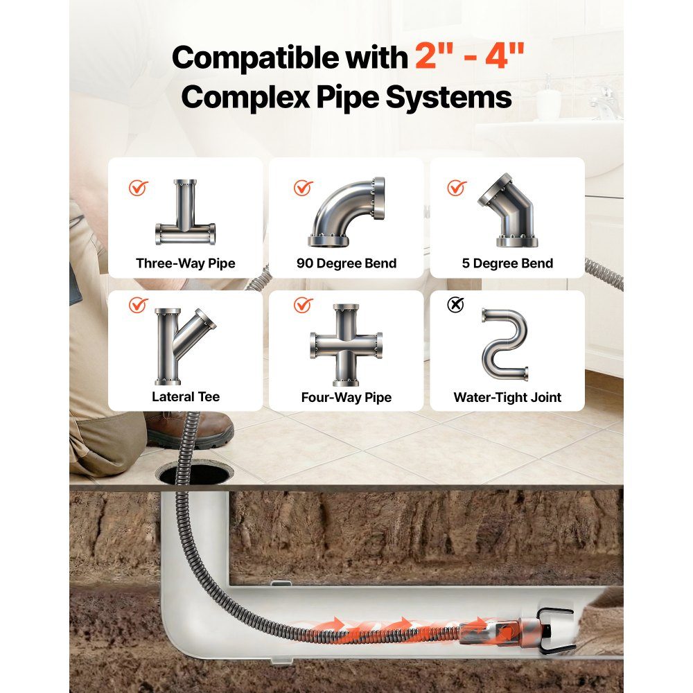 Pijpreinigingsmachine φ9,5 mm x 22 m, reinigingsspiraal met handmatige toevoer, 6 snijgereedschappen & pneumatische voetschakelaar, pijpreiniger voor pijpdiameters van 50 mm tot 100 mm