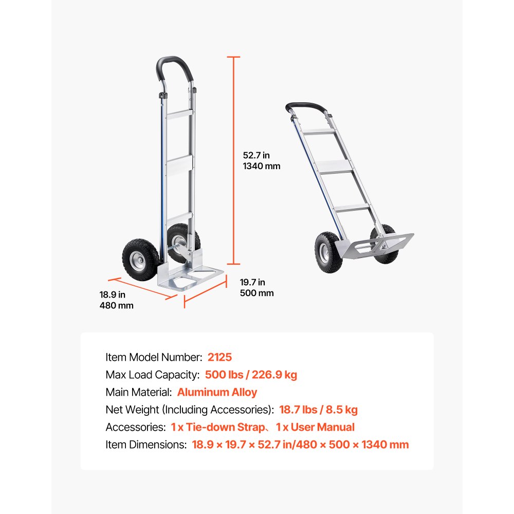 Sack Truck, 227kg Load Capacity, Heavy Duty Transport Truck with Handle, Aluminum Alloy Hand Truck with Lashing Strap, Stacking Truck for Moving Home, Office, Warehouse, 480x500x1340mm Sack Truck, 227kg Load Capacity, Heavy Duty Transport Truck with Handle, Aluminum Alloy Hand Truck with Lashing Strap, Stacking Truck for Moving Home, Office, Warehouse, 480x500x1340mm