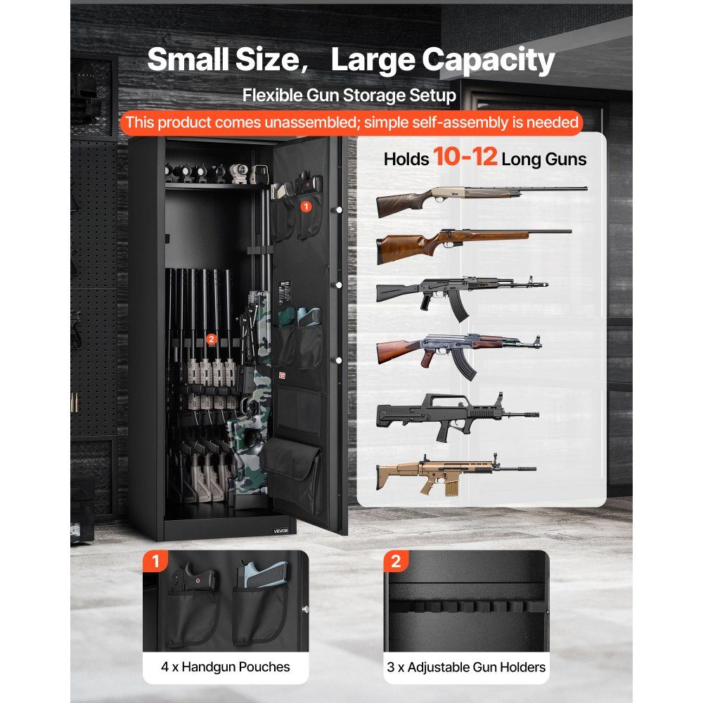 Gun Cabinet Long Gun Cabinet for 10-12 Rifles, Gun Safe with 4 Gun Bags and 3 Adjustable Shelves, Large Gun Cabinet with Key and Password Lock, Assembly Required