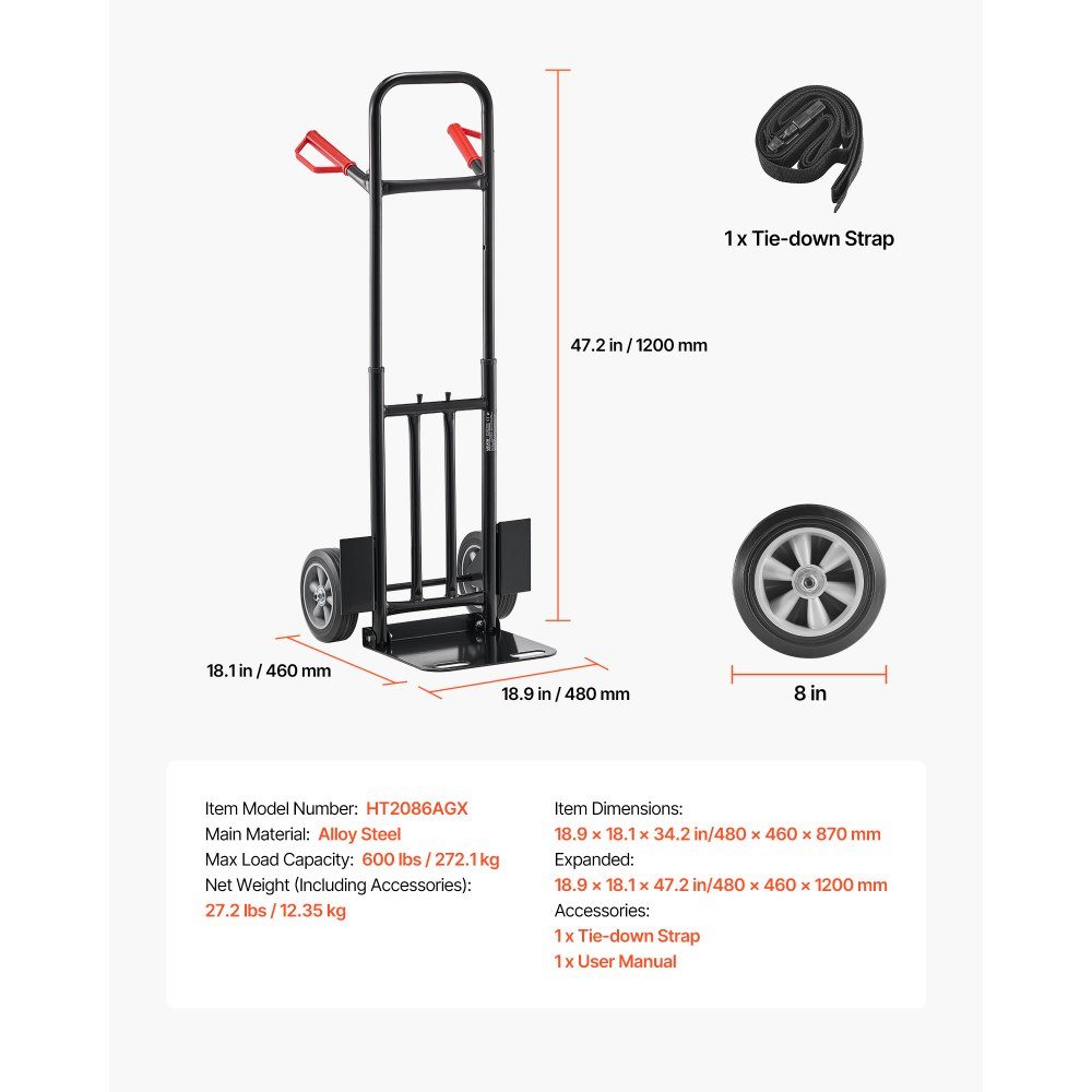 Diable, capacité de charge 272 kg, chariot de transport 480x460x1200mm, chariot portable avec sangle d'arrimage, rouleau de transport, chariot empilable, chariot de transport pour maison, bureau, entrepôt, supermarché