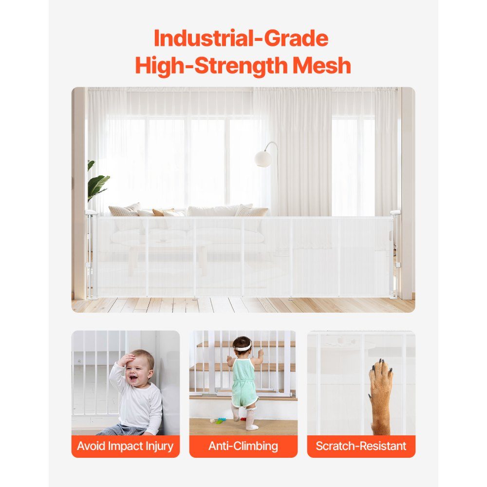 Extendable baby gate, dog gate, extendable to 280 cm wide / 87 cm high, pet gate, protective gate made of mesh material for indoor stairs, doors, hallways, playrooms, stair gates, white