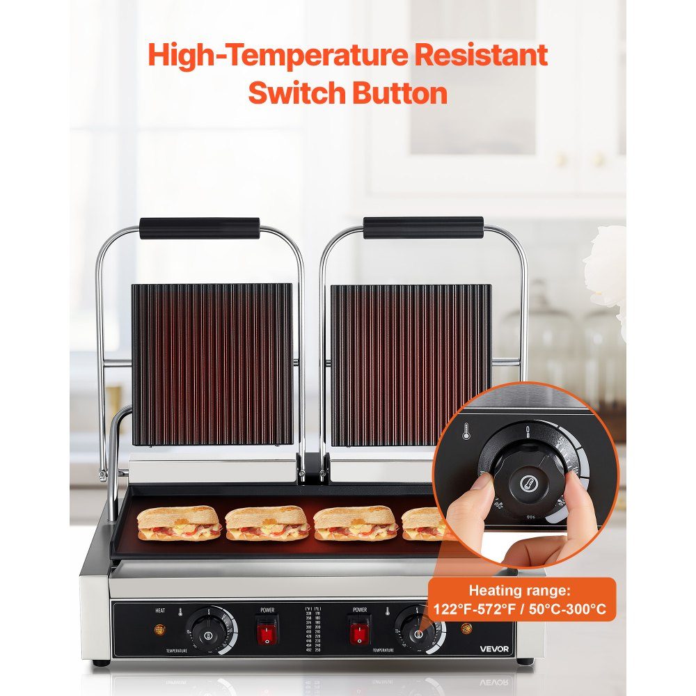 Commercial Panini Grill, Contact Grill 3600 W, for Sandwiches, Steak, Bacon, Hamburgers, Sandwich Maker, Stainless Steel Press Grill with Handle & Temperature Controller & 48 x 23 cm Heating Plate, Panini Press