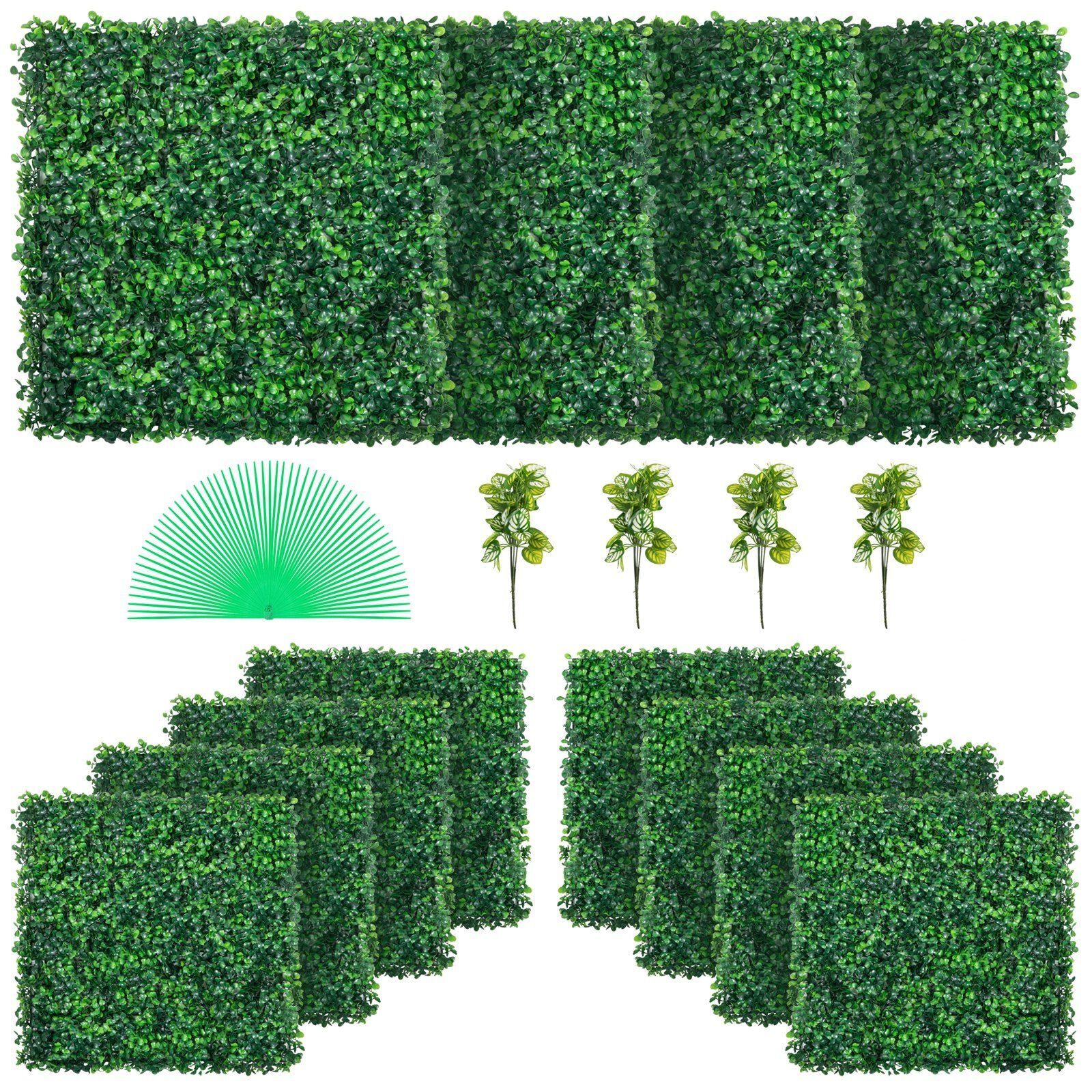 Künstliche Pflanzenwand 12 Stück. Sichtschutzhecke künstlich grün, künstliche Buchsbaumplatte PE, Sichtschutz künstliche Pflanzen 50 x 50 cm Sichtschutzhecke Wanddekoration Pflanzenwand