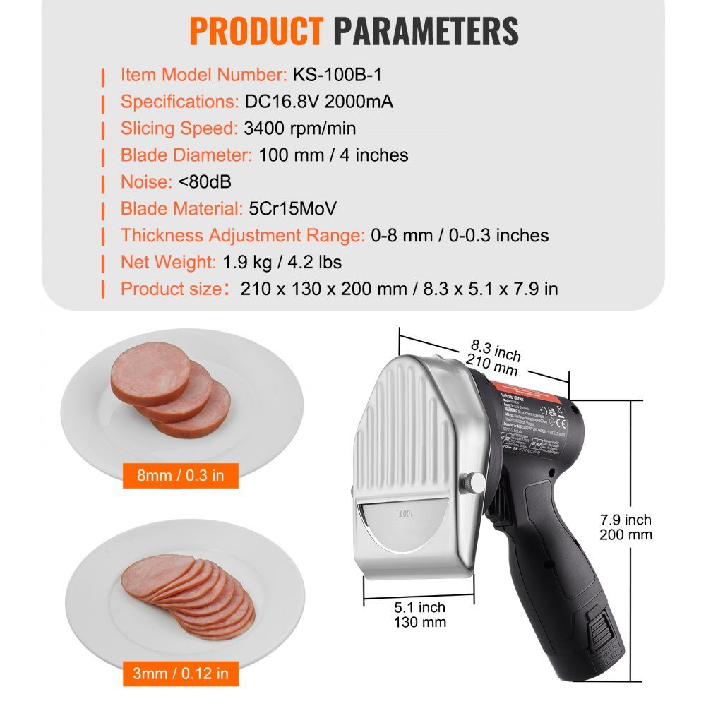 Donner Cutter 80 W Kebab Cutter, couteau électrique sans fil Gyros, couteau turc Shawarma Doner 0-8 mm d'épaisseur réglable, coupe-kebab commercial avec lames de 100 mm noir