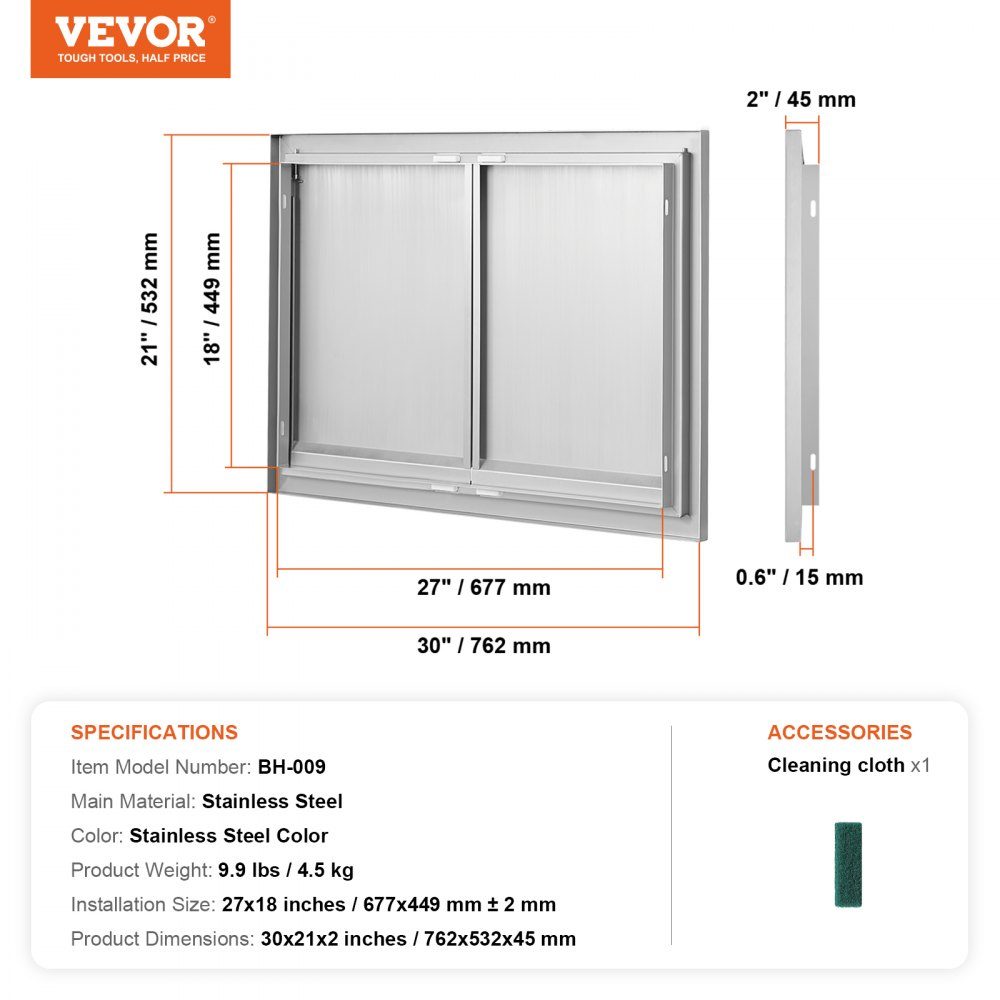 Porte d'accès au gril 762x532x45mm Double porte de cuisine extérieure encastrée en acier inoxydable, porte murale verticale avec poignées rétractables pour Grill Island Grill Station armoire extérieure, etc.