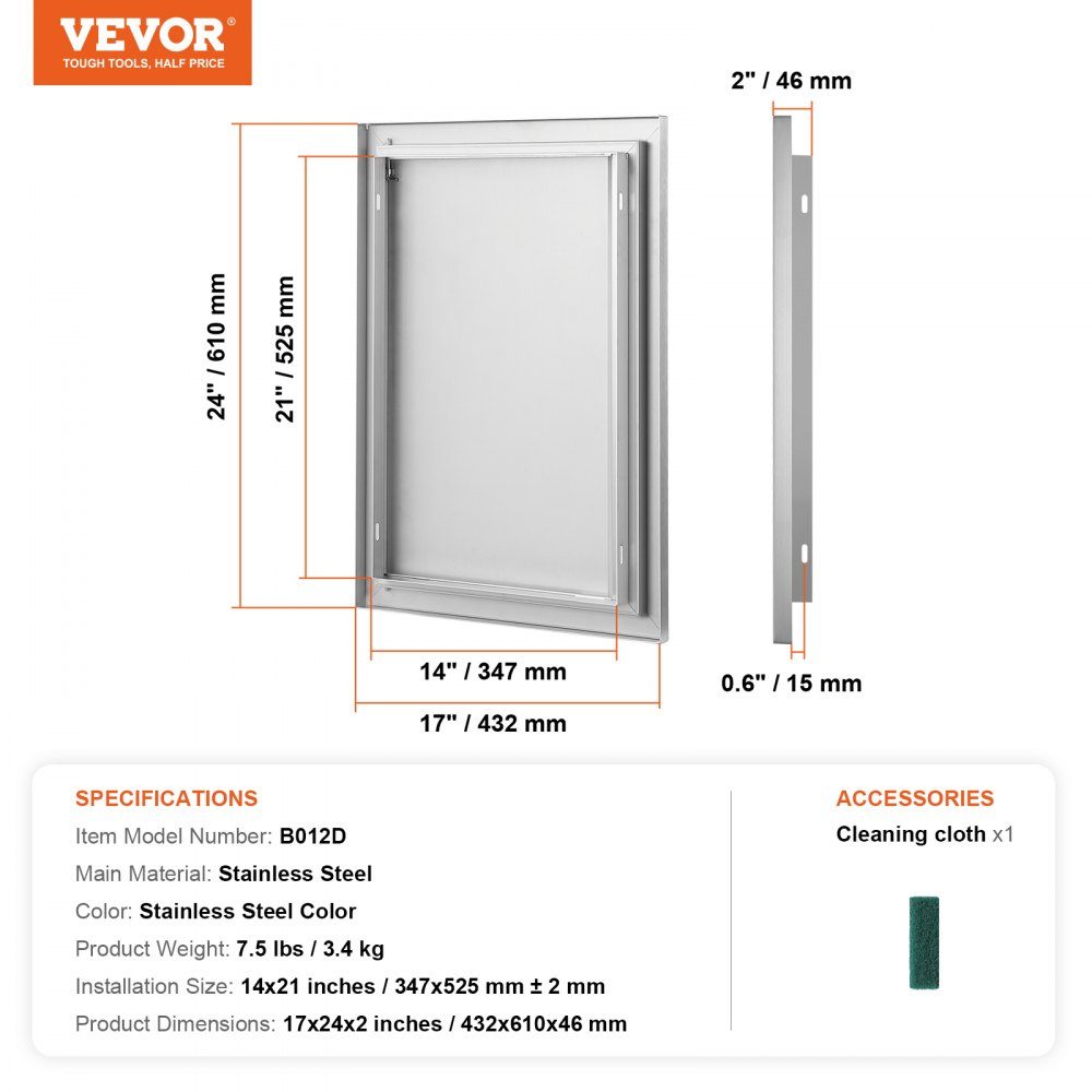 Grill Access Door 432x610mm Single Outdoor Kitchen Door Flush Mount Stainless Steel Door Vertical Wall Door with Retractable Handle for Grill Island Grill Station Outdoor Cabinet