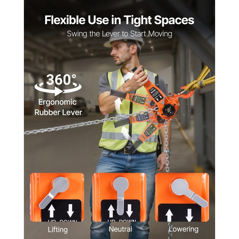 Hefboomtakel, handkettingtakel met capaciteit van 1 ton, slag van 3 m, ketting van G80 gelegeerd staal met mechanische rem met dubbele pal, rateltakel, 360 ° draaibare haken, takel voor magazijnbouw, garage
