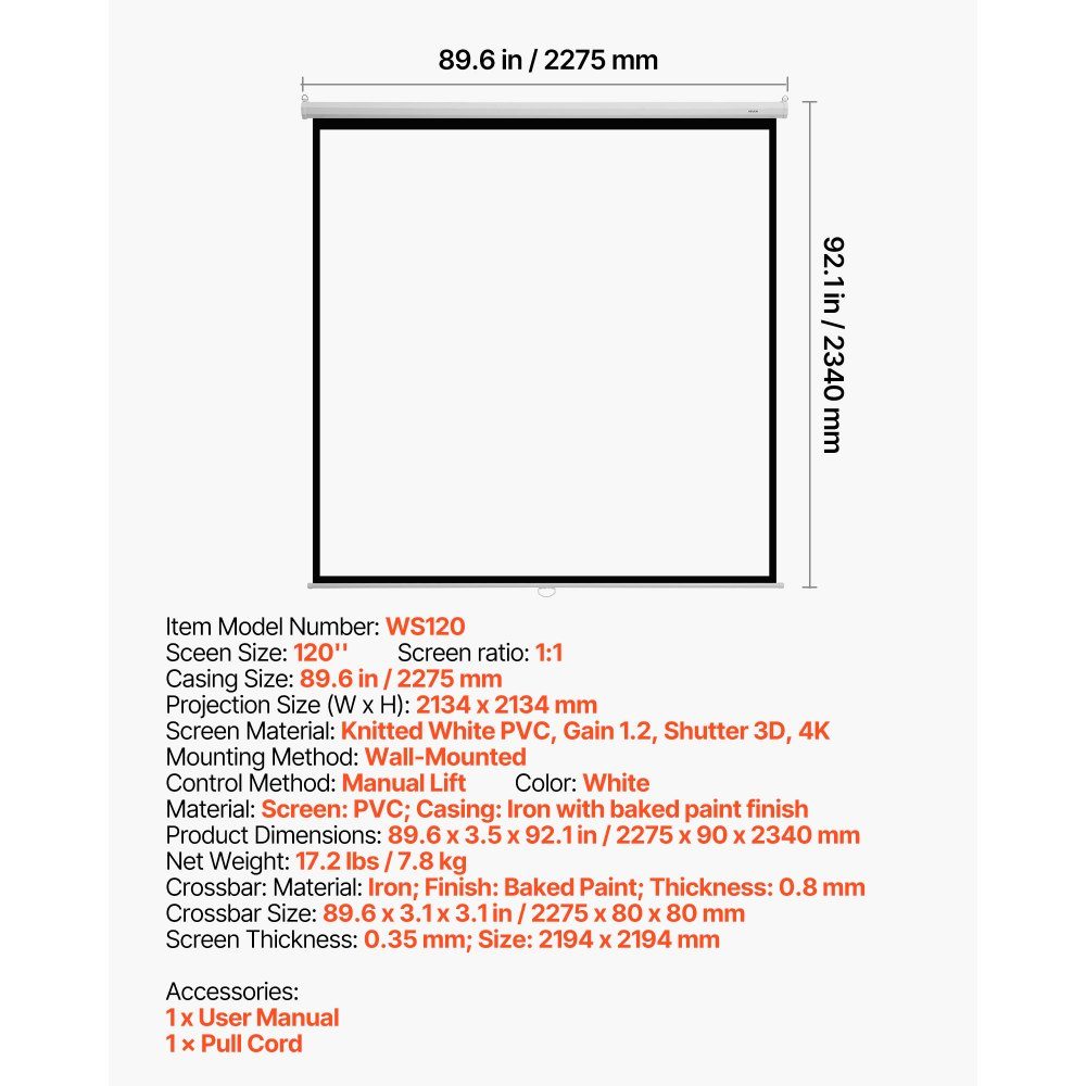 Manual Projection Screen, 120 Inch 1:1 4K 1080 HD Retractable Projection Screen, Wall Mounted Movie Projection with Pull Rope, Portable Rolling Screen Home Theater