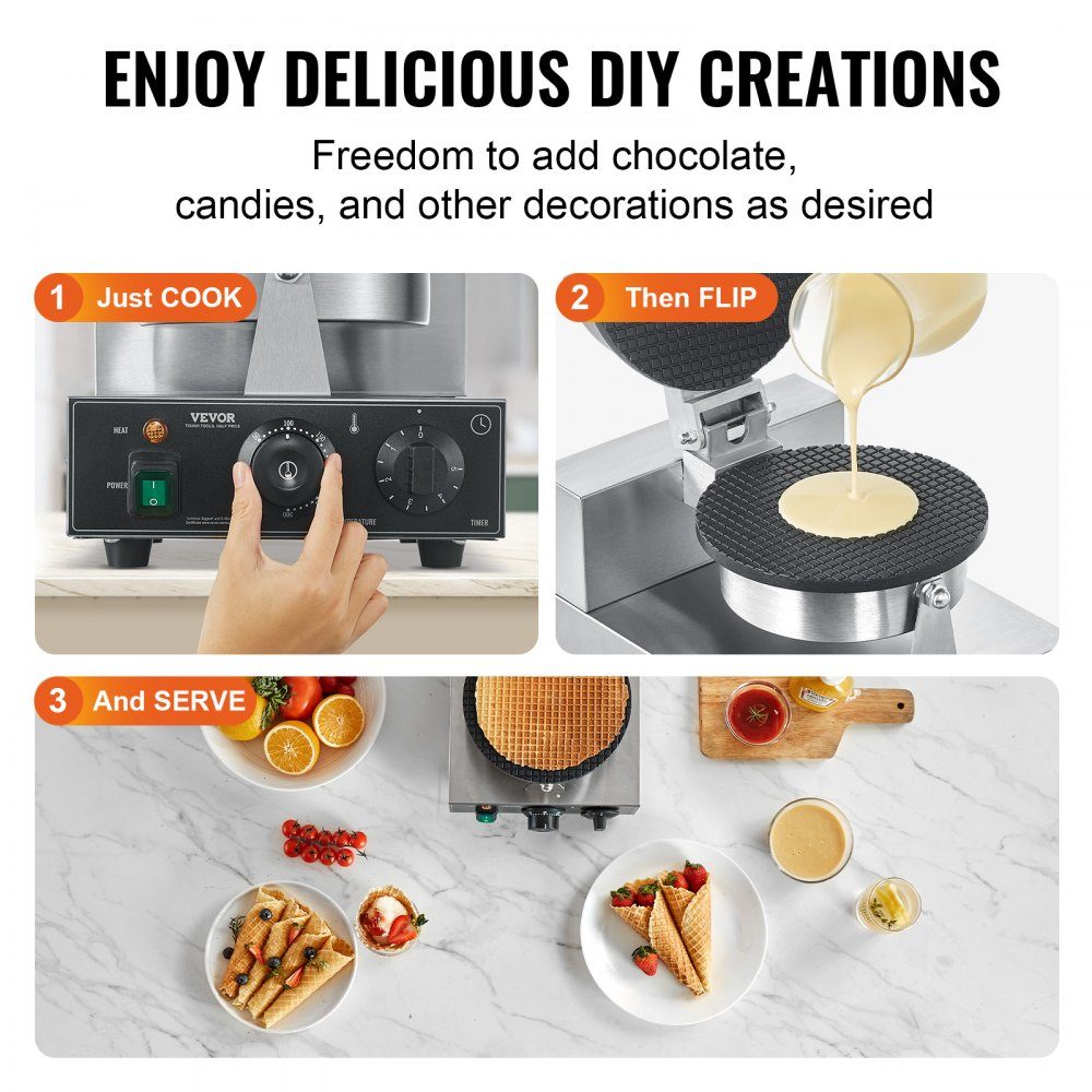 Electric Ice Cream Cone Machine, Commercial Waffle Cone Machine, 1230W Non-Stick Spring Roll Mold with Temperature and Time Control Handle for Restaurant, Bakery, Snack Bar, Family