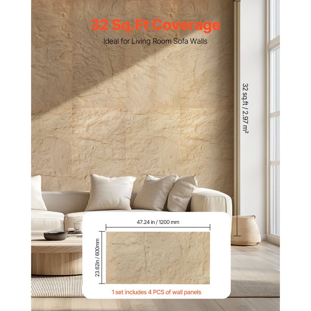 Lot de 4 panneaux muraux 3D 120 x 60 cm - Imitation pierre naturelle - Décoration murale - Surface de 2,97 m² - Décoration intérieure pour plafond, chambre à coucher, salon, salle de jeux - Pierre jaune
