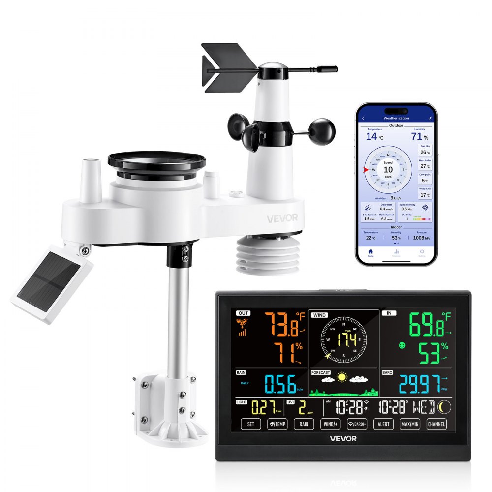 Station météo WiFi 7 en 1 avec application, écran VA 7,5", capteur extérieur à énergie solaire, centre météo pour prévisions météorologiques, vitesse du vent, température, humidité, précipitations Station météo WiFi 7 en 1 avec application, écran VA 7,5", capteur extérieur à énergie solaire, centre météo pour prévisions météorologiques, vitesse du vent, température, humidité, précipitations