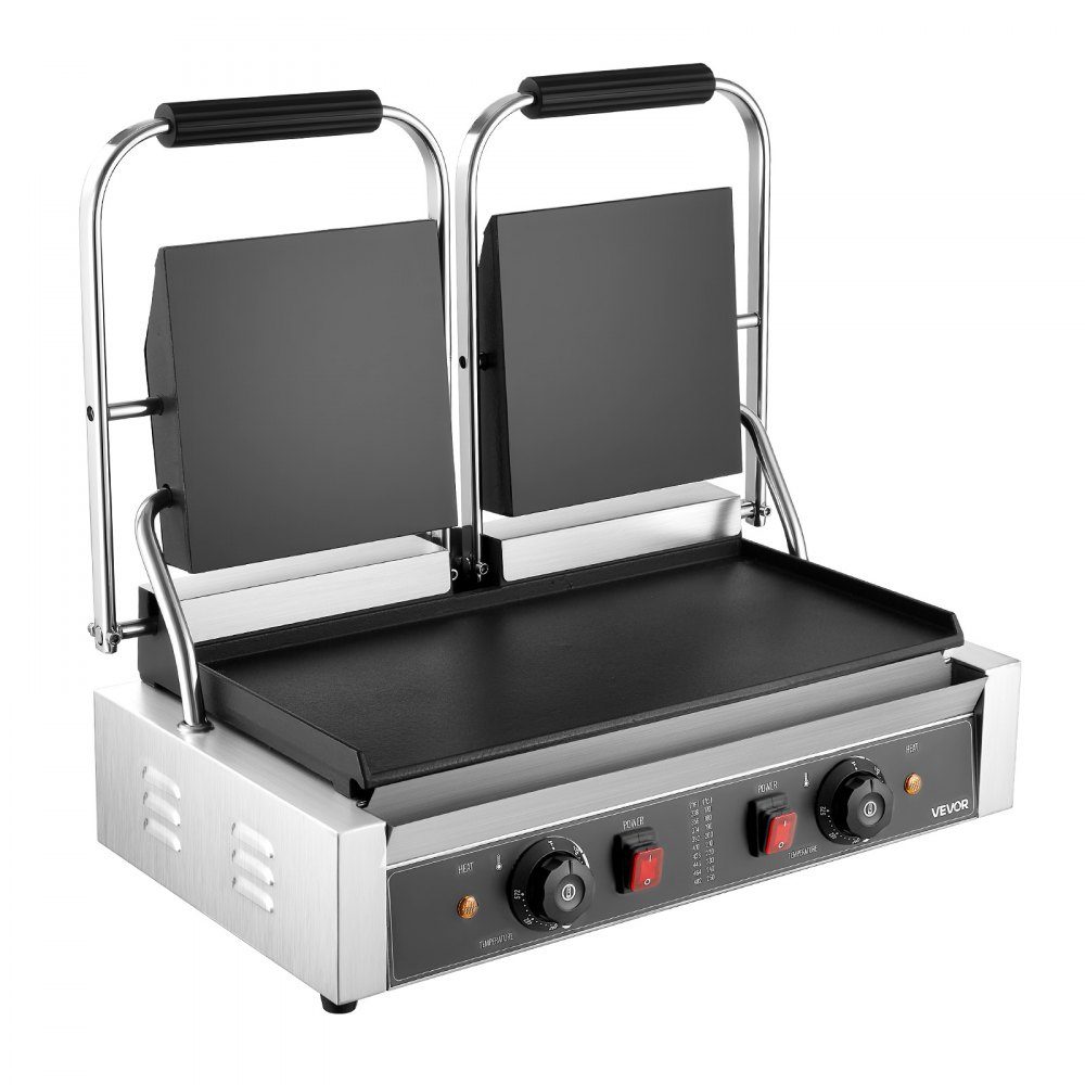 Gewerblicher Kontaktgrill 3600 W Elektrogrill Sandwichmaker (doppelte Backplatten) Paninipresse aus Edelstahl mit Temperaturregelung, 48 x 23 cm flache Emailleplatte, für Hamburger-Steak-Speck