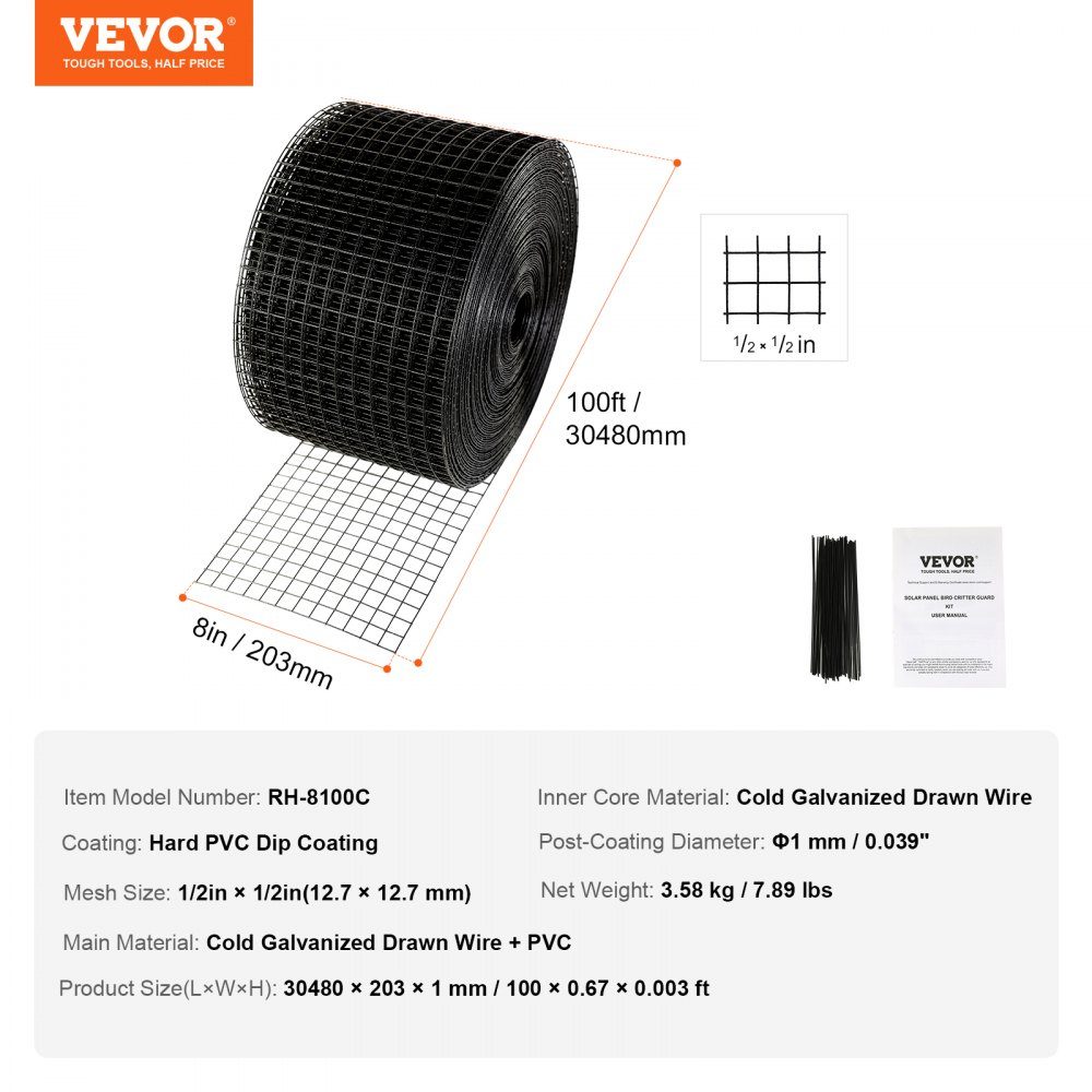 Solar Panel Bird Screen, 60' x 100' Pigeon Repellent Solar Panel Screen with 50 Tire Wires, Solar Panel Protector with Rustproof PVC Coating, 1/2 Inch Wire Roll Mesh