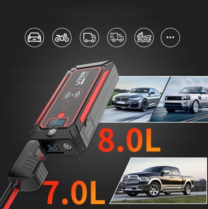 UTRAI Car Jump Starter 12V 2500A 24000mAh Car Battery Power Bank Up to 8L Petrol 7L Diesel Starter with QC3.0 Dual USB LED Flashlight Emergency Hammer