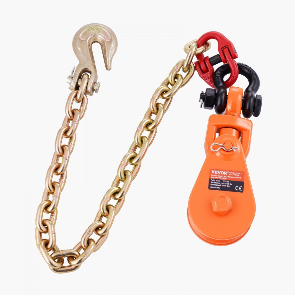2 ton pulley with G80 chain, swivel shackle, 74mm pulley for 3/8" wire rope, forestry winch for towing and recovery applications on flatbed trailers and rollback tow trucks