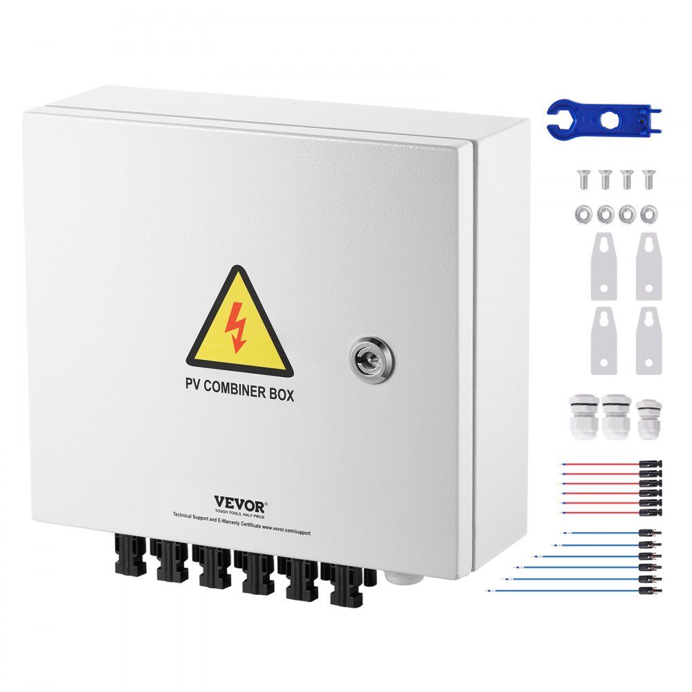 PV Collection Box, 6 String, Solar Collection Box mit 10-A-Nennstromsicherung, 63A Circuit Breaker, Lightning Arrester and Solar Connector, Steel Housing for On/Off Grid Solar Panel System, IP65