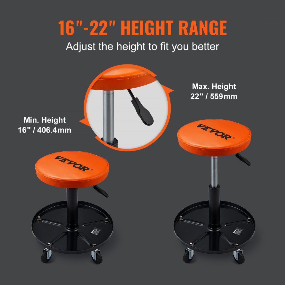 Rollbarer Mechanikerhocker, Werkstatthocker, 250 lbs, 16"-22" höhenverstellbarer Werkstattsitz, Werkstatthocker mit Werkzeugablage, für Garage, Geschäft, Autoreparatur, Schwarz + Orange