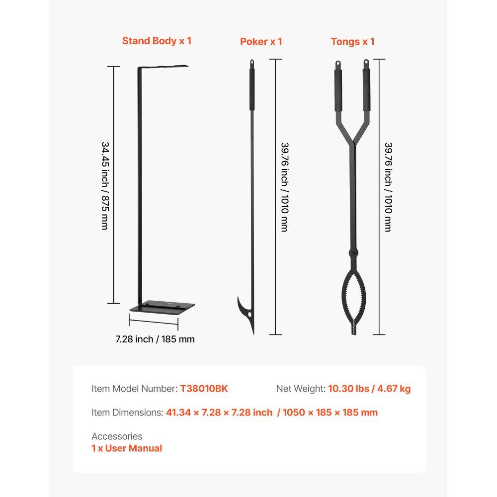 Kaminbesteck-Set, 3-teiliges Ofenbesteck-Set inklusive Ständer, Zange, Schürhaken, Kamin-Set, schmiedeeisernes Kaminzubehör für Lagerfeuer im Garten, drinnen und draußen, Schwarz