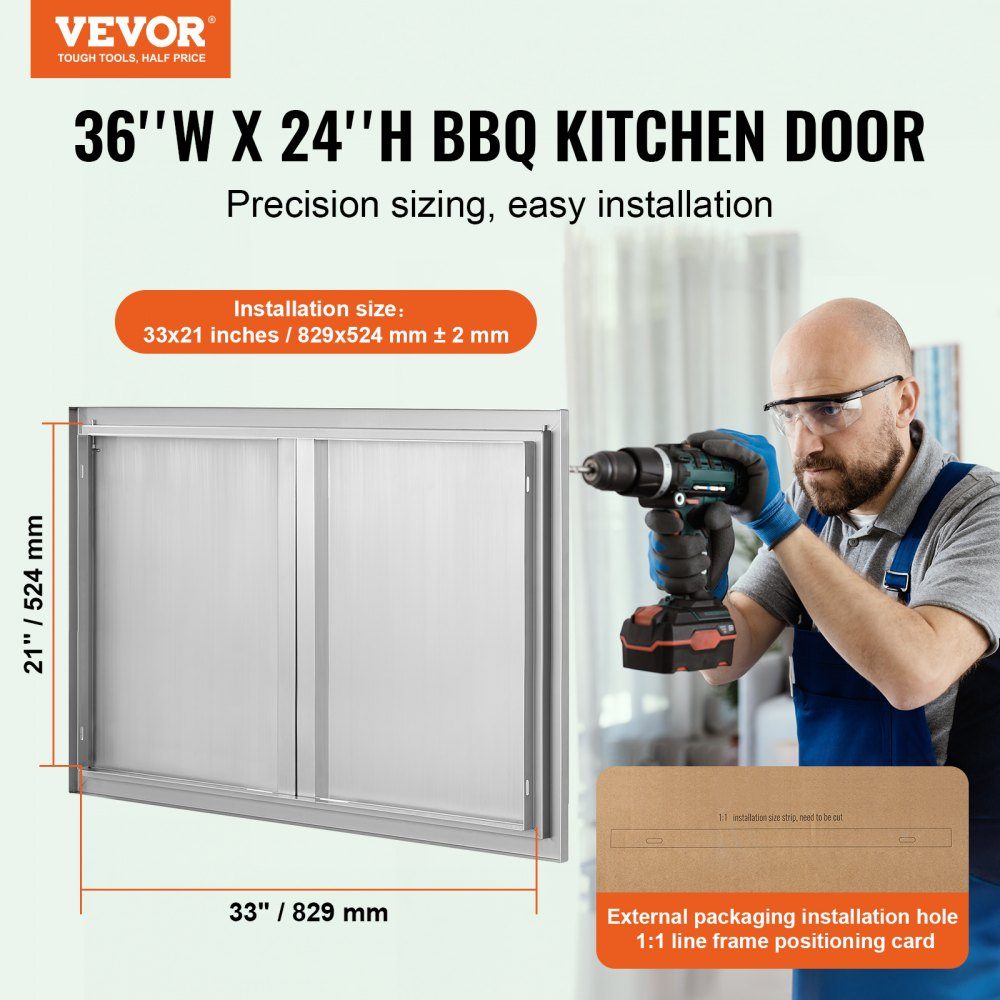 Grill Access Door 914x610mm Double Outdoor Kitchen Door Flush Mount Stainless Steel Door Vertical Wall Door with Retractable Handles for Grill Island Grill Station Outdoor Cabinet