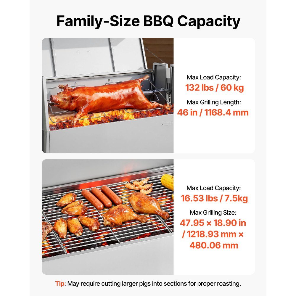 Rotisseriegrill 38W Spanferkelgrill Lammgrill Holzkohlegrill (1168,4 mm Grilllänge) mit 60 kg Tragkraft & Rollen & 4-fach Höhenverstellung & Deckel, Edelstahl Elektrogrill Set für Camping