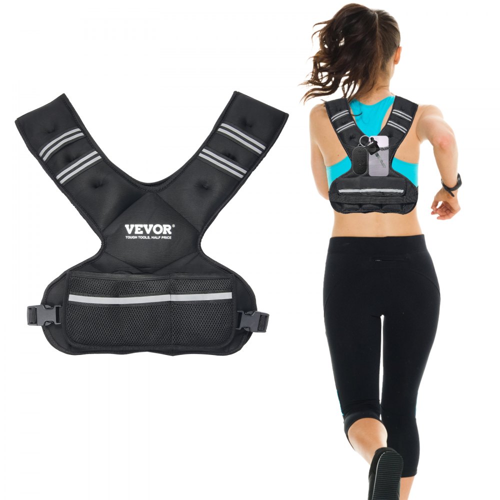 Verstelbaar gewichtsvest 9-14,5 kg, met 6 ijzers en gewichten en reflecterende strip, trainingsset voor lichaamsgewichtvest voor heren en dames, trainingsapparatuur voor krachttraining hardlopen