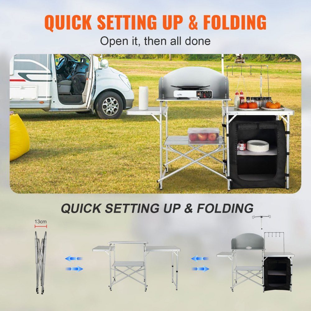 Cuisine de camping d'extérieur pliable 78 x 49 x 13 cm, armoire de camping en aluminium, cuisine de camping avec protection contre le vent, meubles de camping, cuisine de voyage incl. crochets et poteau de lampe 66-121 cm, placard de cuisine, table de cam