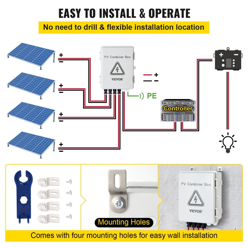4-strand PV combination box 15 A fuse box 500 V apartment distributor protection class IP65 meter cabinet circuit breaker for solar panel network and off-grid solar power system 17 x 23 x 11 cm