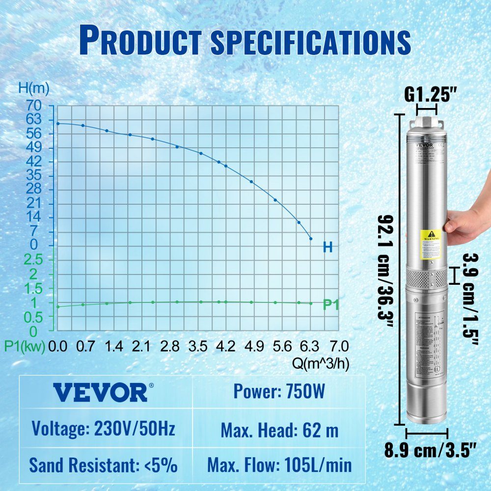 88 mm Tiefbrunnenpumpe 750W Brunnenpumpe 105L/min Tauchpumpe max. Förderhöhe 62m Rohrpumpe 230V 50Hz Sandpumpe IP68 Wasserpumpe 11 Laufradstufen Pumpe Ideal zur Bewässerung oder Wasserversorgung