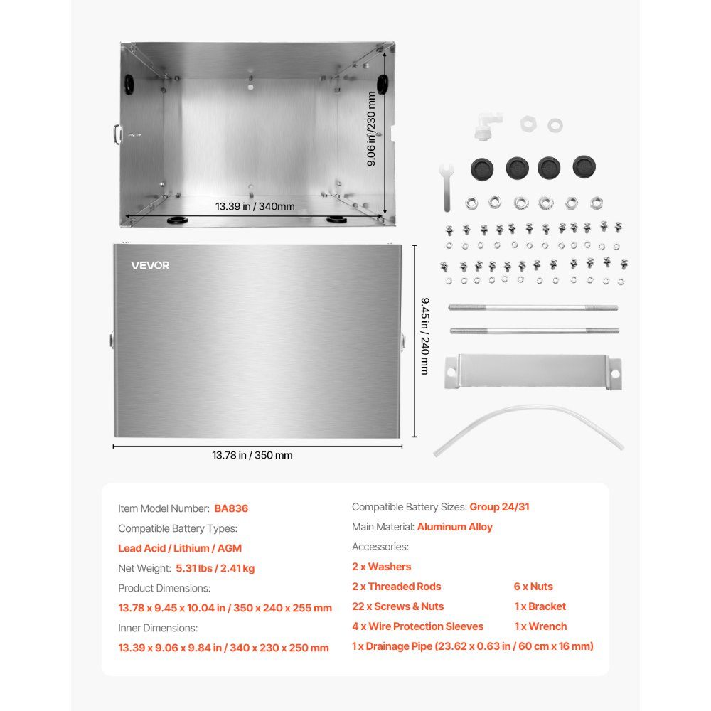 Batteriekasten, Gruppe 24/31, Batteriekasten für Schiffsbatterien mit Griffen und Kabellöchern mit Gummitülle, Gehäuse aus Aluminiumlegierung, geeignet für Offroad-Rennwagen und LKWs