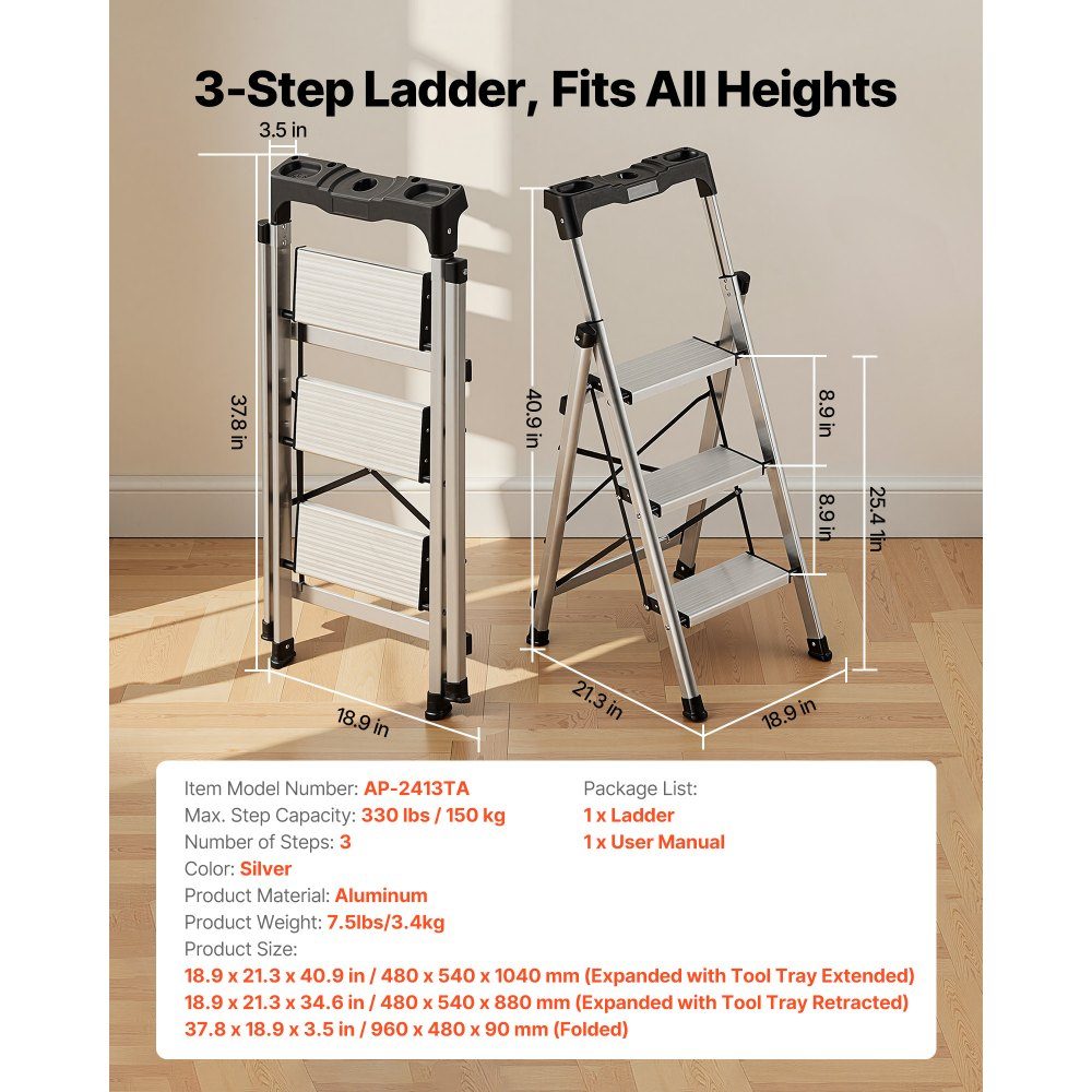 Trittleiter 3 Stufen, Klappleiter mit Anti-Rutsch-Stufen & komfortablem Griff, Haushaltsleiter Tragkraft 150 kg, Trittleiter aus Aluminium, Sicherheitsleiter für Küche, Lager, Haus & Büro