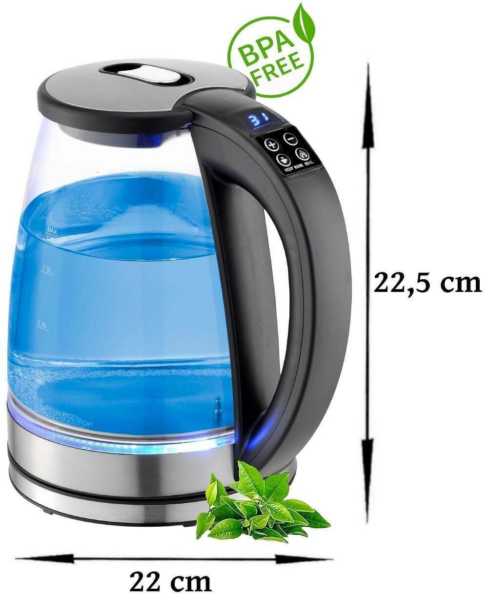 Glazen waterkoker van RVS met temperatuurkeuze en 2.200 watt LED-verlichting