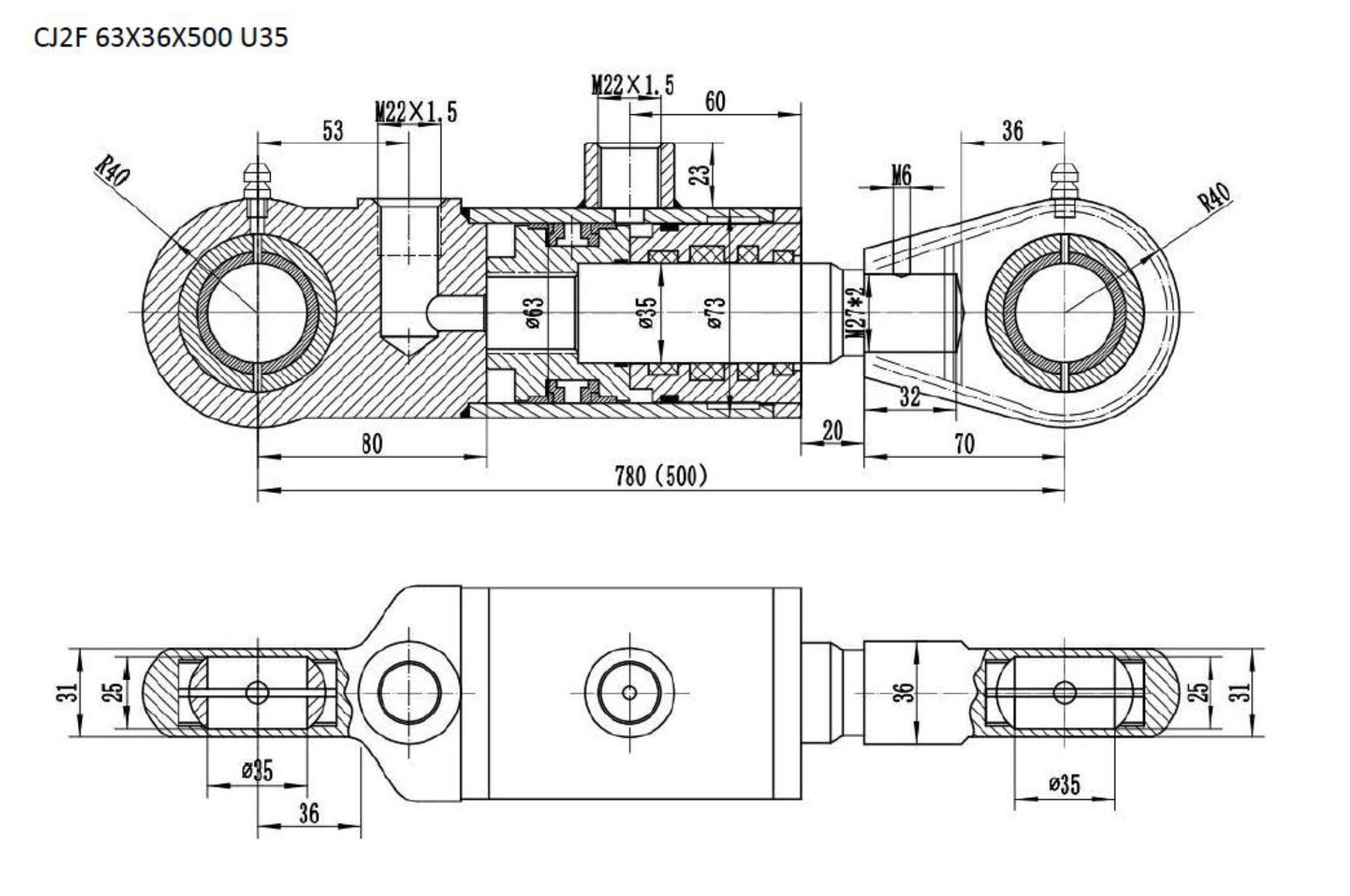Vérin hydraulique 500mm pour pelle ronde