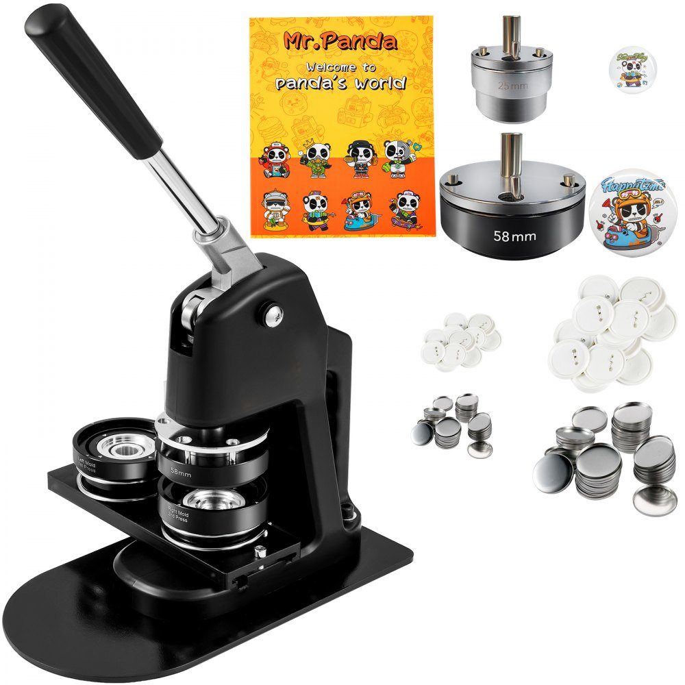 Buttonmaschine Buttonmaschine 200 Stück 58 mm & 300 Stück 25 mm, Button-Stanzpresse inkl. Mr. Panda Zauberbuch & Inbusschlüssel, Button-Maker aus Aluminiumlegierung für Abzeichenpresse